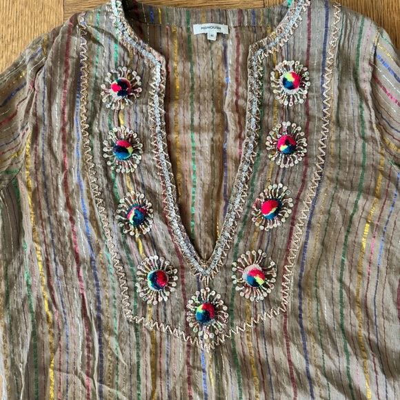 Manoush US 8 Sheer Maxi Kaftan Dress Embroidered Striped PomPoms Sequins - Picture 5 of 13